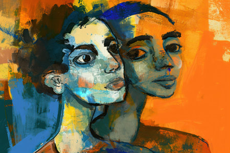 Portrait of two women with painted faces. Multicolored background.の素材