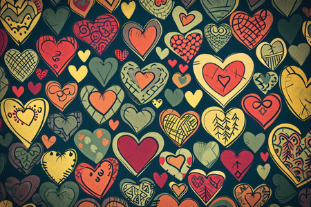 Colorful hearts on a dark background. Hand-drawn illustration.の素材