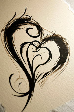 Heart shape painted with black paint on white paper. Abstract art background.の素材