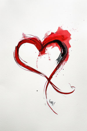 Red heart drawn with a brush on a white background. The concept of love.の素材