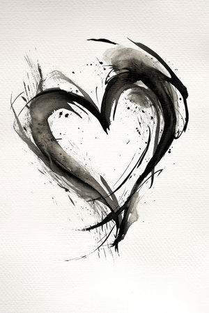 Watercolor painted heart. Grunge artistic background. Black and whiteの素材