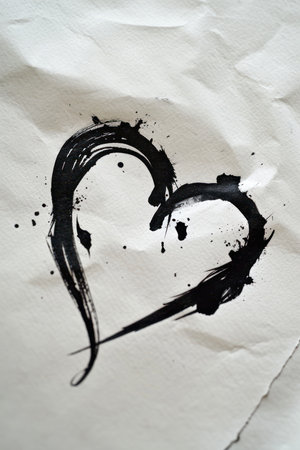 Black heart drawn on white crumpled paper background with copy spaceの素材