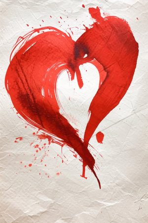 Red painted heart on white crumpled paper. Hand-drawn illustration.の素材