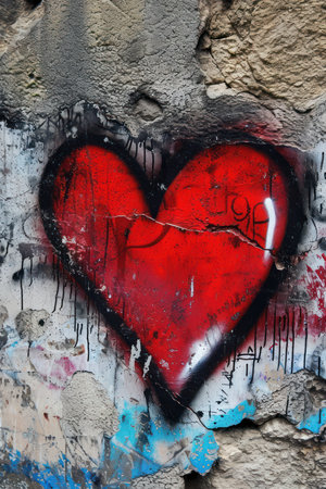 graffiti on the wall of an old abandoned house with red heartの素材