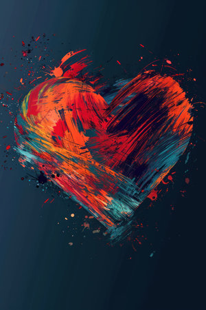 Vector illustration of a heart with splashes of paint on a dark backgroundの素材