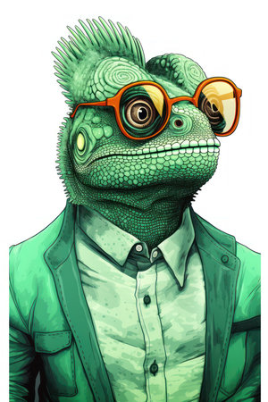 Portrait of a green iguana in a green jacket and glassesの素材