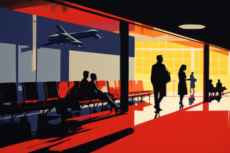 Airport terminal interior with passengers silhouettes. Vector illustration of travel and tourism.の素材