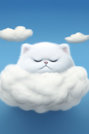 Cute white cat sleeping on a cloud. 3D rendering.の素材