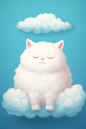 Cute white cat sitting in the clouds. 3D illustration.の素材