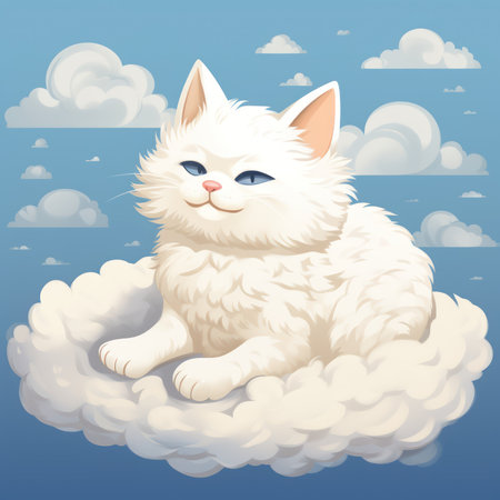 White cat on cloud. Vector illustration of a cat in the clouds.の素材