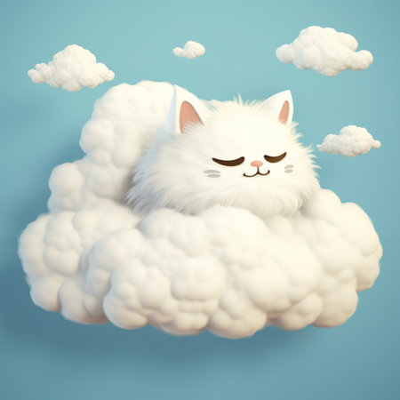 Cute white cat sleeping on a cloud. 3D illustration.の素材