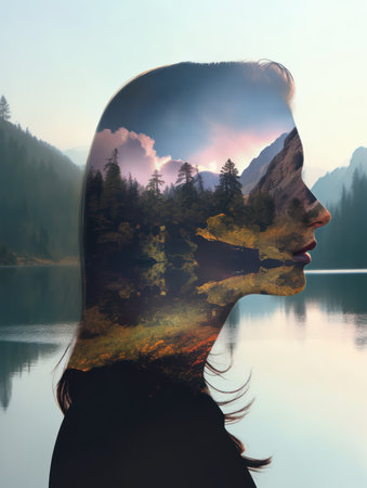 Double exposure of woman's face and nature landscape on the background.の素材