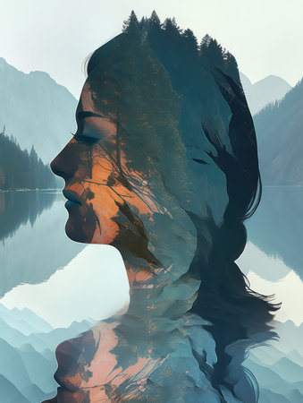 Double exposure of a woman's face and mountains reflected in a lakeの素材