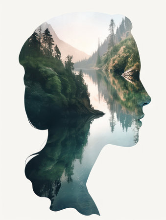 Double exposure of woman face and mountains reflected in lake. Conceptual illustration.の素材