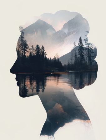 Silhouette of a female head with mountains reflected in a lakeの素材