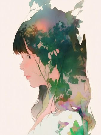 Double exposure portrait of a beautiful woman with green leaves and watercolor effectの素材