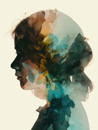 silhouette of a beautiful woman with watercolor on her faceの素材