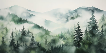 Foggy mountain landscape with coniferous forest in fog.の素材