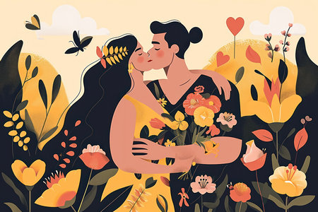 Couple in love. Man and woman with flowers. Vector illustrationの素材