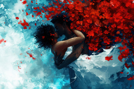 Double exposure of man and woman with red flowers. Love concept.の素材