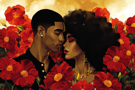 African American couple in love with red poppies. Romantic illustrationの素材