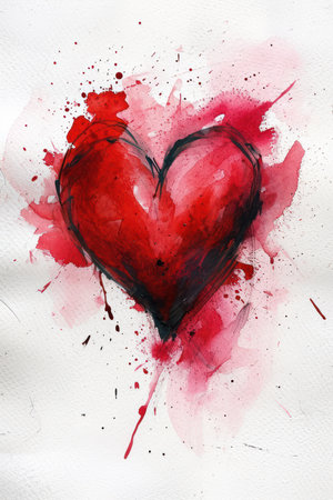 Watercolor painted red heart on white paper. Valentines day backgroundの素材