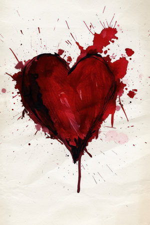 Watercolor painted red heart on crumpled paper. Valentines day backgroundの素材