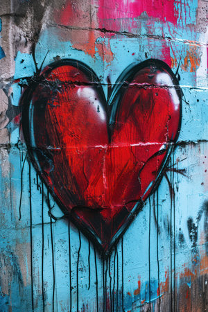 Heart painted on the wall of an old abandoned building. Grungy concrete surface with cracks, scratches and streaks of paint.の素材