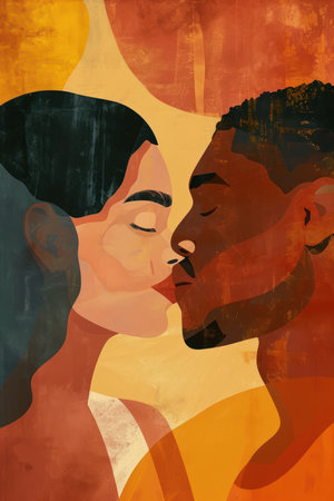 African american man and woman in love. Double exposure illustration.の素材
