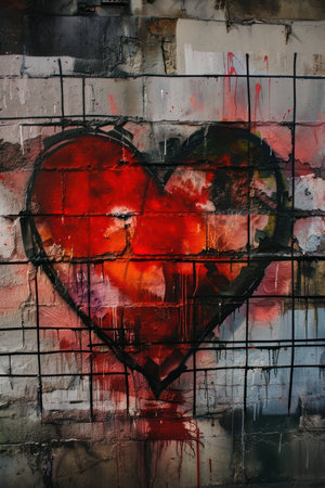 Heart painted on the wall of an abandoned building. Grunge background.の素材