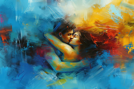 Passionate young couple in love. Digital painting on canvas.の素材