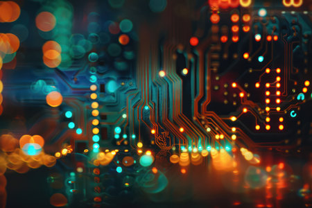 Electronic circuit board with bokeh background. Technology concept.の素材
