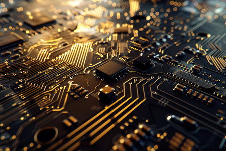 Circuit board close up. Electronic computer hardware technology. Motherboard digital chip. Tech science background. Integrated communication processor.の素材