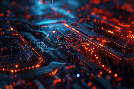 Circuit board. Electronic computer hardware technology. Motherboard digital chip. Tech science background. 3d illustrationの素材