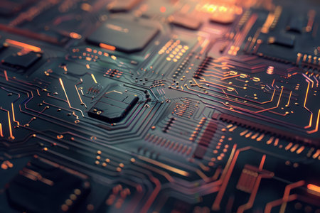Circuit board background. Electronic computer hardware technology. Motherboard digital chip. Tech science background. Integrated communication processor.の素材