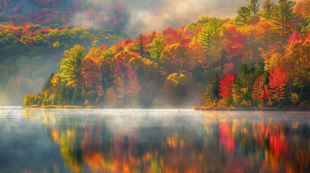 Autumn landscape with colorful forest and lake in foggy morning. ai generatedの素材
