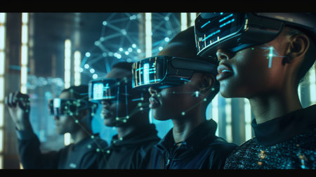 3D rendering of a group of people wearing virtual reality glasses. Ai generatedの素材