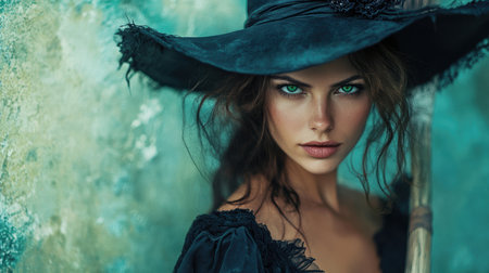 Beautiful young woman in a black witch's hat. Halloween. Ai generatedの素材