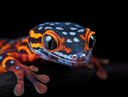 Close up of a colorful leopard gecko isolated on black backgroundの素材