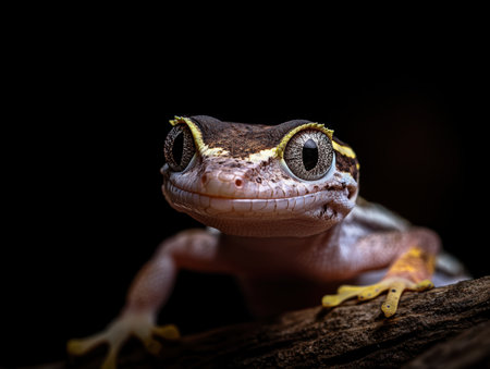 Close up of a gecko on a black background.の素材