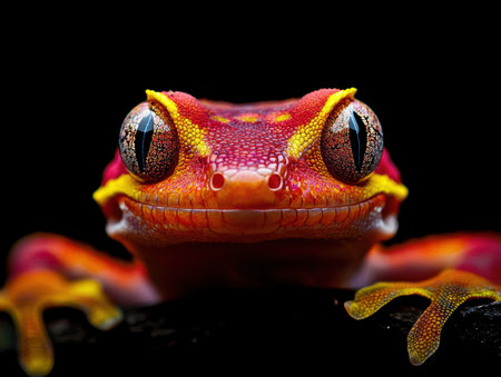 Closeup of a red leopard gecko isolated on black backgroundの素材