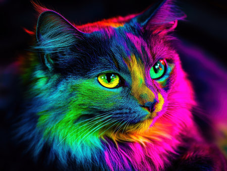 Portrait of a multicolored cat with green eyes. Toned.の素材