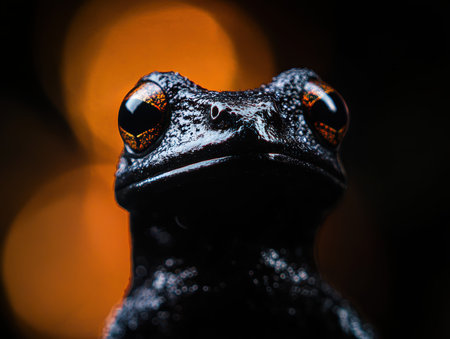 Close up of a frog on a black background with bokehの素材