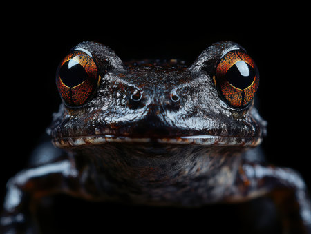Close-up of the eyes of a frog on a black backgroundの素材
