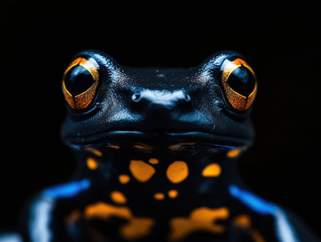 Close up of a frog with yellow eyes on a black background.の素材