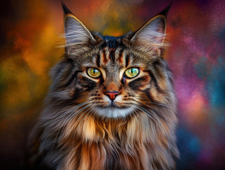Portrait of a beautiful Maine Coon cat on colorful background.の素材