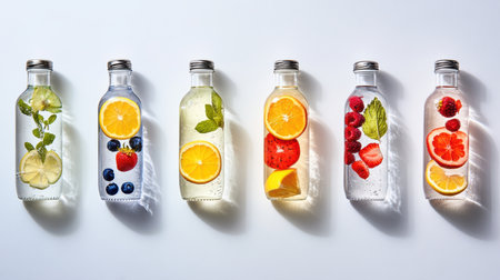 Bottles of water with different fruits and berries on white background.の素材
