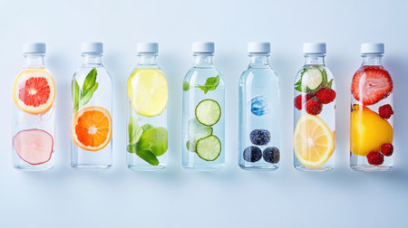 Bottles of water with different fruits and berries on white background.の素材