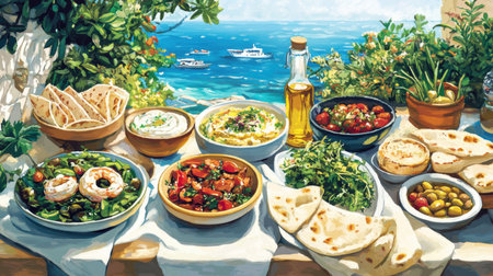 Greek dinner table with olives, pita bread, prawns, tomatoes and herbs.の素材