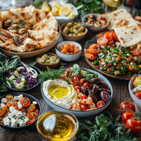 Mediterranean food. Assortment of appetizers on rustic wooden tableの素材